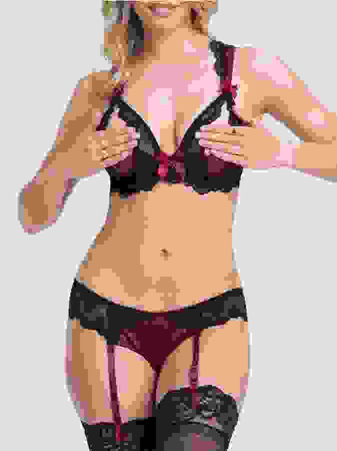 Lovehoney Moonlight Black Peekaboo Bra and Suspender Knickers Set, Black, hi-res